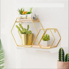 Wall Floating Hexy Floating Metal Frame Solid Wood Shelve Decor - waseeh.com